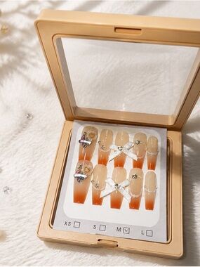Premium Ombre Orange Press-On Nails with Bow & Gem Accents - 10pcs - Size Medium
